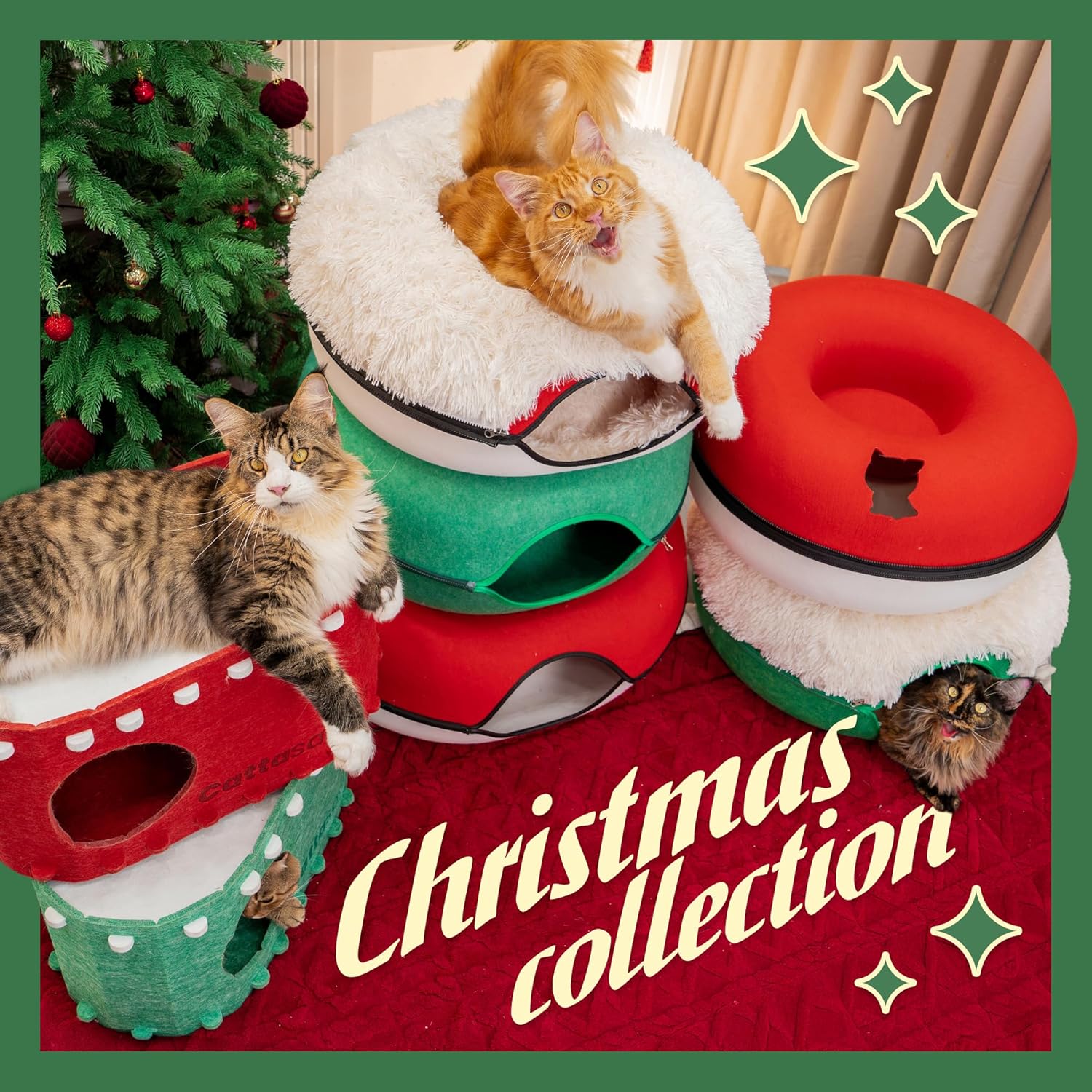 Peekaboo Cat Cave for Multiple & Large Cats up to 30-45 Lbs, Fluffy Cat Beds & Furniture, Scratch Detachable & Washable Tunnel Bed, Comfy Donut Bed (Forest Green, Large (Calming))