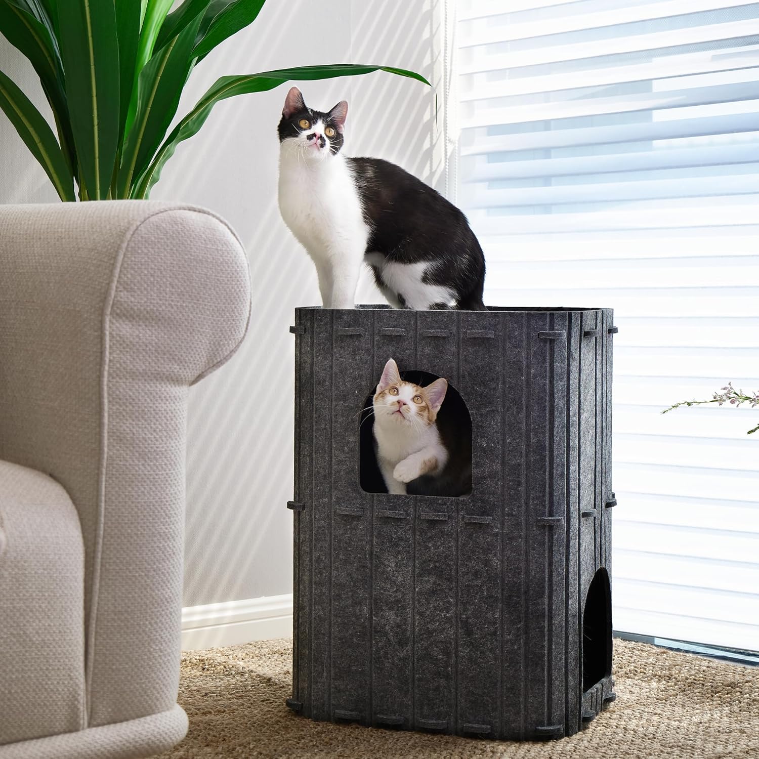 Cat House for Indoor Cats, 2-Storey Large Cat Bed Cave, Cozy Felt Covered Cats Tunnel Condo Hideaway for Multicats, 17.72X14.37X23.62 Inches, Dark Grey
