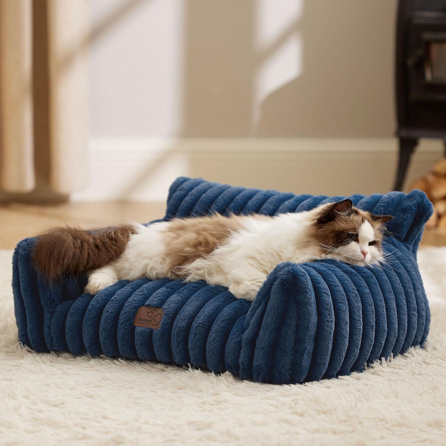 Cute Cat Couch for Pets - Fluffy Small Dog Sofa with Premium Soft Corduroy Fleece, Pet Sofa with Removable Washable Cover, Supportive Dog Couch Bed for Small Medium Dogs, 30Inch, Night Blue