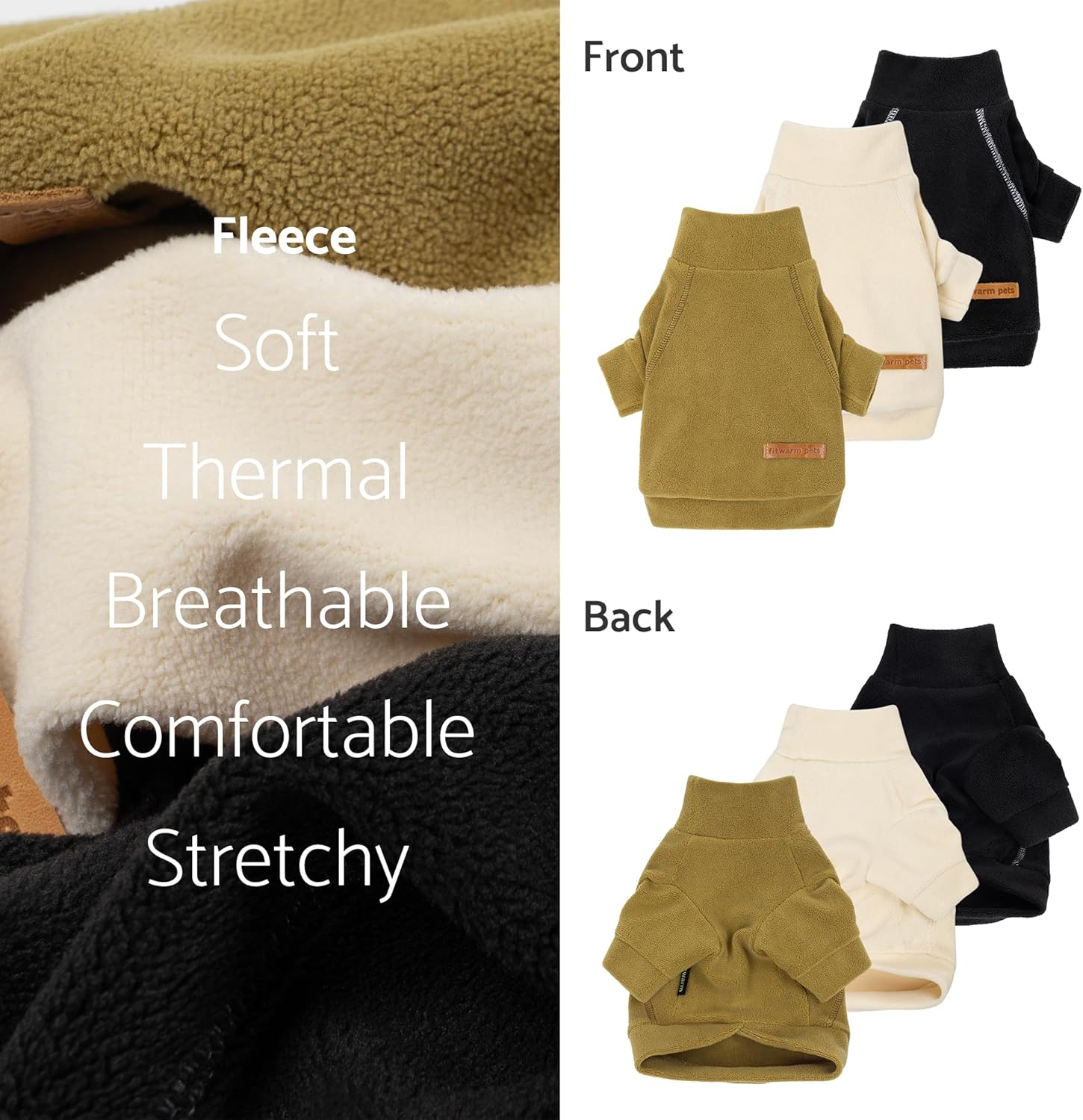 3 Pack Classic Fleece Dog Sweater, Winter Clothes for Small Dogs Boy Girl, Turtleneck Dog Sweatshirt, Pet Pullover Jumper, Cat Apparel, Black, Olive Green, Cream, Large