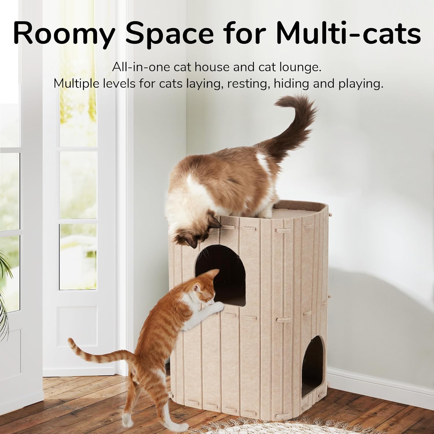 Cat House for Indoor Cats, 2-Storey Large Cat Bed Cave, Cozy Felt Covered Cats Tunnel Condo Hideaway for Multicats, 17.72X14.37X23.62 Inches, Beige