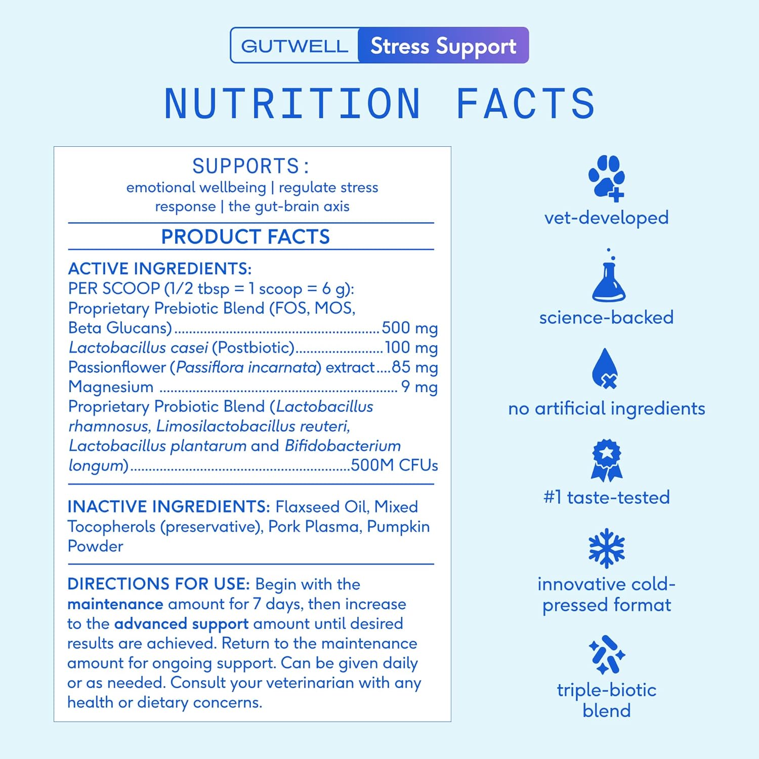 Gutwell Stress Support - Dog Anxiety Relief & Calming Treats - Tasty Food Topper for Dog Stress and Anxiety Relief - Support Gut-Brain Axis with Triple-Biotic Blend & Magnesium - 60 Scoops