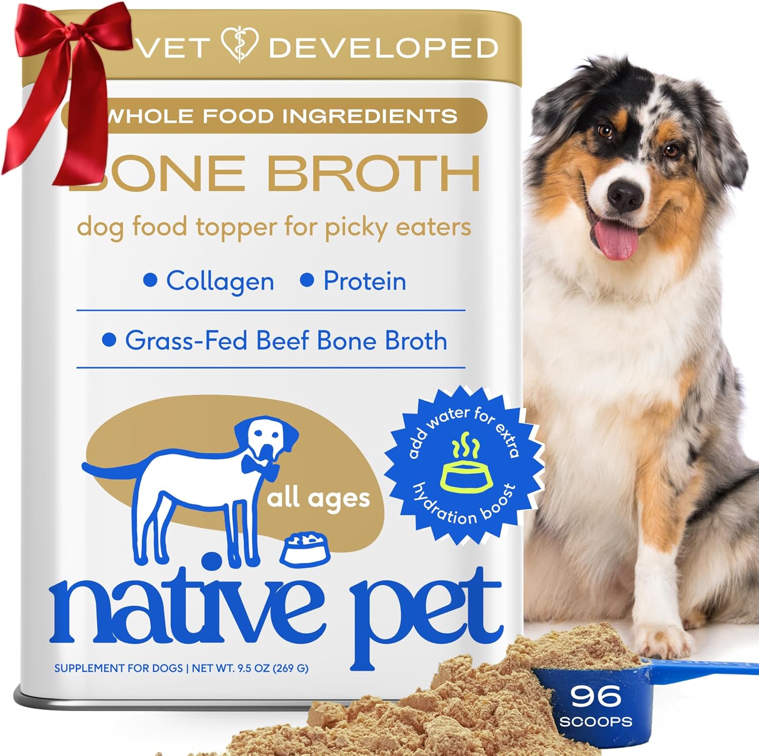 Bone Broth for Dogs - Made with Real Beef Bone Broth, Dog Food Toppers for Picky Eaters - Provides Extra Hydration & Nutrition for Joint Strength, Immunity & Heart Health-48 Scoops