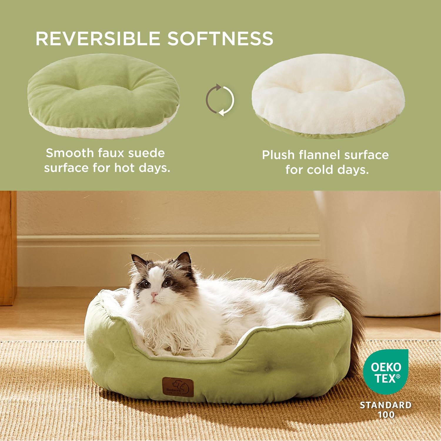 Dog Beds for Small Dogs - round Cat Beds for Indoor Cats, Washable Pet Bed for Puppy and Kitten with Slip-Resistant Bottom, 20 Inches, Green