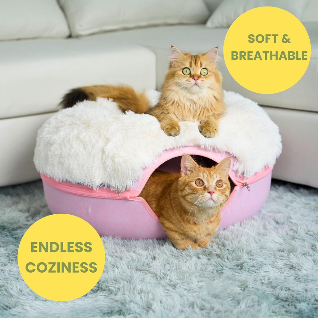 Peekaboo Cat Cave for Multiple & Large Cats up to 30-45 Lbs, Fluffy Cat Beds for Indoor Cats, Scratch Detachable & Washable Tunnel Bed, Comfy Donut Cave (Pink, Large (Calming))