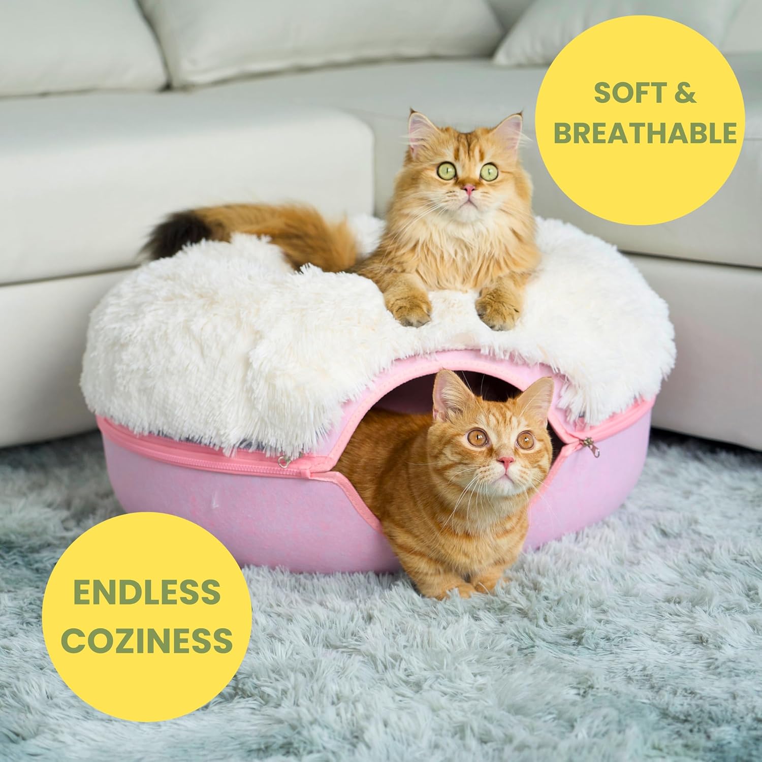 Peekaboo Cat Cave for Multiple & Large Cats up to 30-45 Lbs, Fluffy Cat Beds for Indoor Cats, Scratch Detachable & Washable Tunnel Bed, Comfy Donut Cave (Pink, Large (Calming))