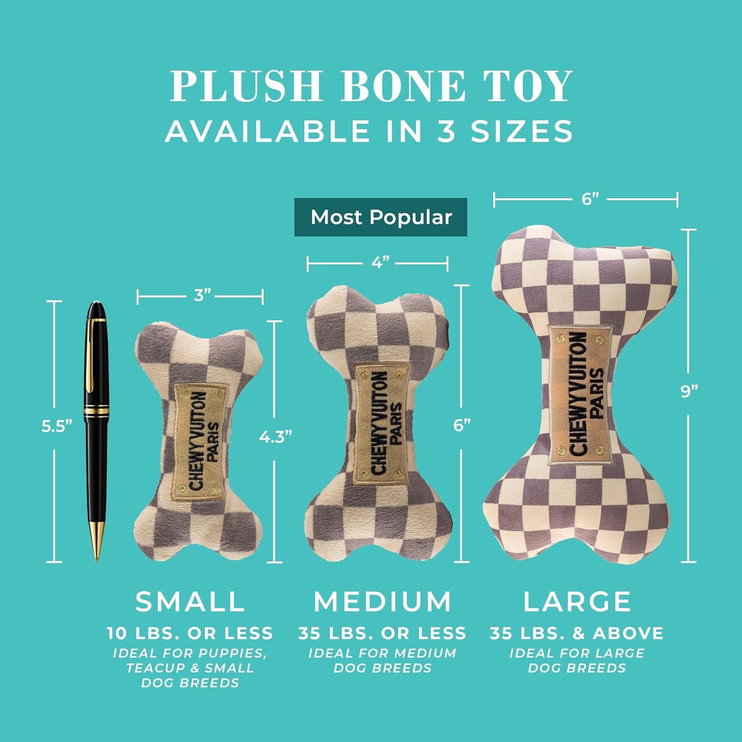 Checker Chewy Vuiton Bone, Plush Designer Dog Toys with Interactive Squeaker, Stimulating Pet Enrichment, Machine-Washable & Safe Materials for All Breeds, Size Medium