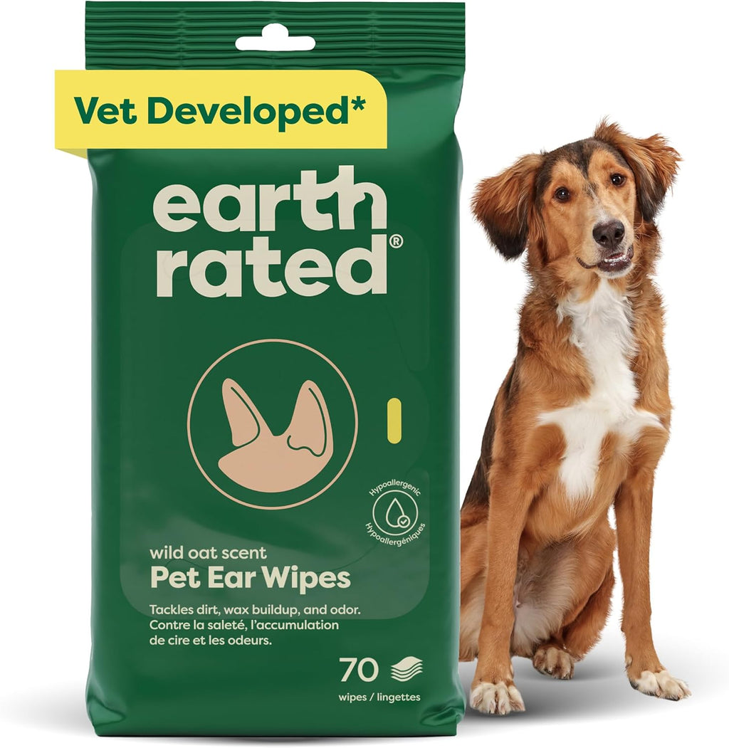 Vet-Developed Pet Ear Wipes, Hypoallergenic Cleaner for Dogs & Cats Ears to Remove Dirt and Wax Build Up, Wild Oat Scent, 70 Count