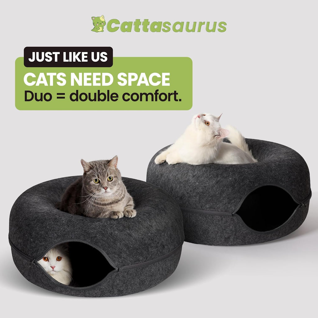 Peekaboo Cat Cave Donut for Multiple & Large Cats up to 30-45 Lbs, 3-In-1 Self Warming Cat Bed, Tunnel & Scratcher for Indoor Cats, Washable & Detachable (Dark Gray + Dark Gray, Large)