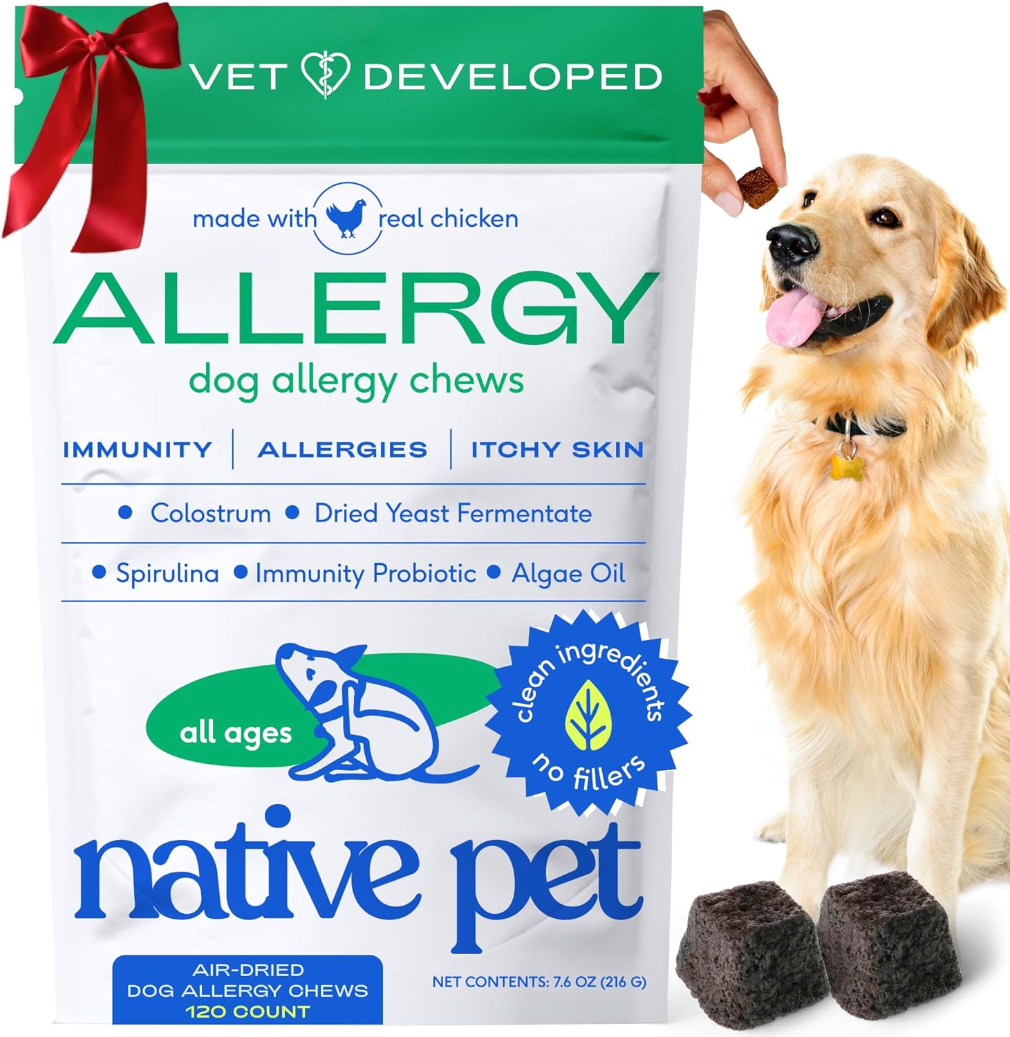 Dog Allergy Chews - Dog Allergy Relief with Probiotics and Colostrum for Itchy Skin Relief to Support Seasonal Allergy and Healthy Immune System - All Natural Anti-Histamine - 60 Chews