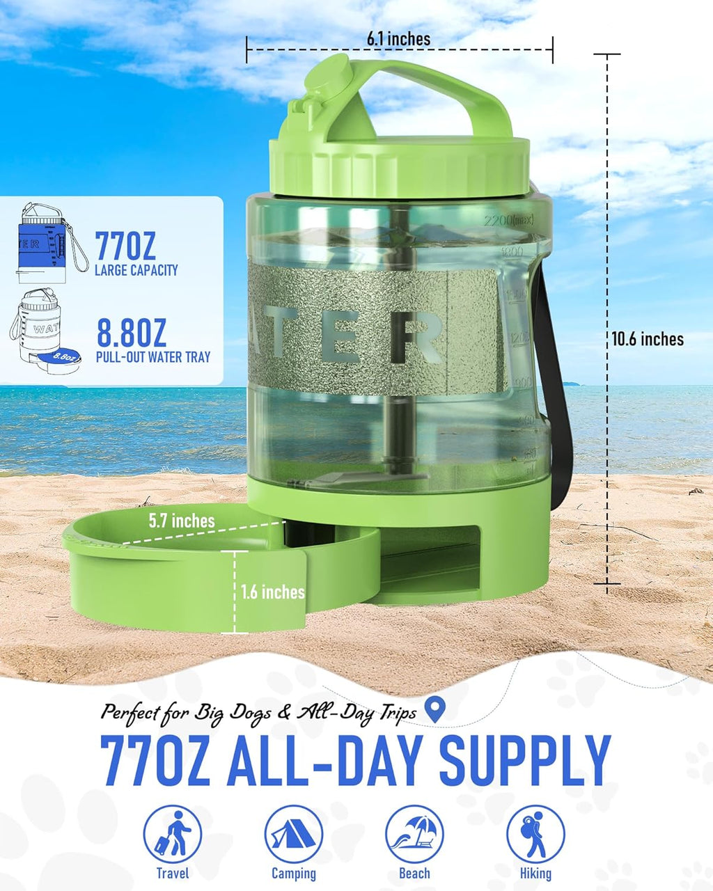 Portable Dog Travel Water Bottle, 77Oz Large Portable Dog Water Bowl Dispenser, Leakproof Pet Drinking Bottle Dispenser for Hiking Camping Walking Travelling Beach Car Trips, No Spill, BPA Free,Green