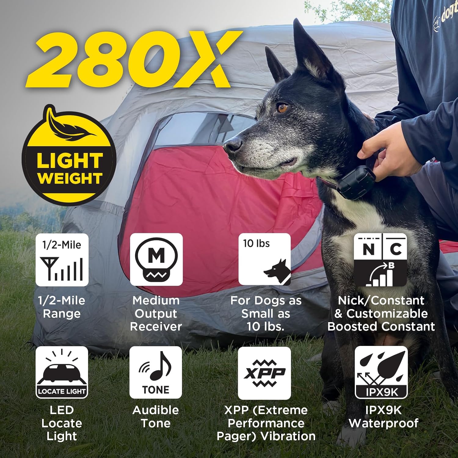 280X E-Collar with Remote [New Edition] 10 Lbs+, 1/2 Mile Range, LED Light, 100 Levels of Precise Control for Stubborn Dogs, Waterproof, Boost for Quick Recall, Vibration, Safety Lock & Tone