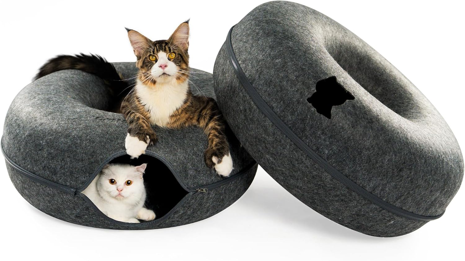 Peekaboo Cat Cave Donut for Multiple & Large Cats up to 30-45 Lbs, 3-In-1 Self Warming Cat Bed, Tunnel & Scratcher for Indoor Cats, Washable & Detachable (Dark Gray + Dark Gray, Large)