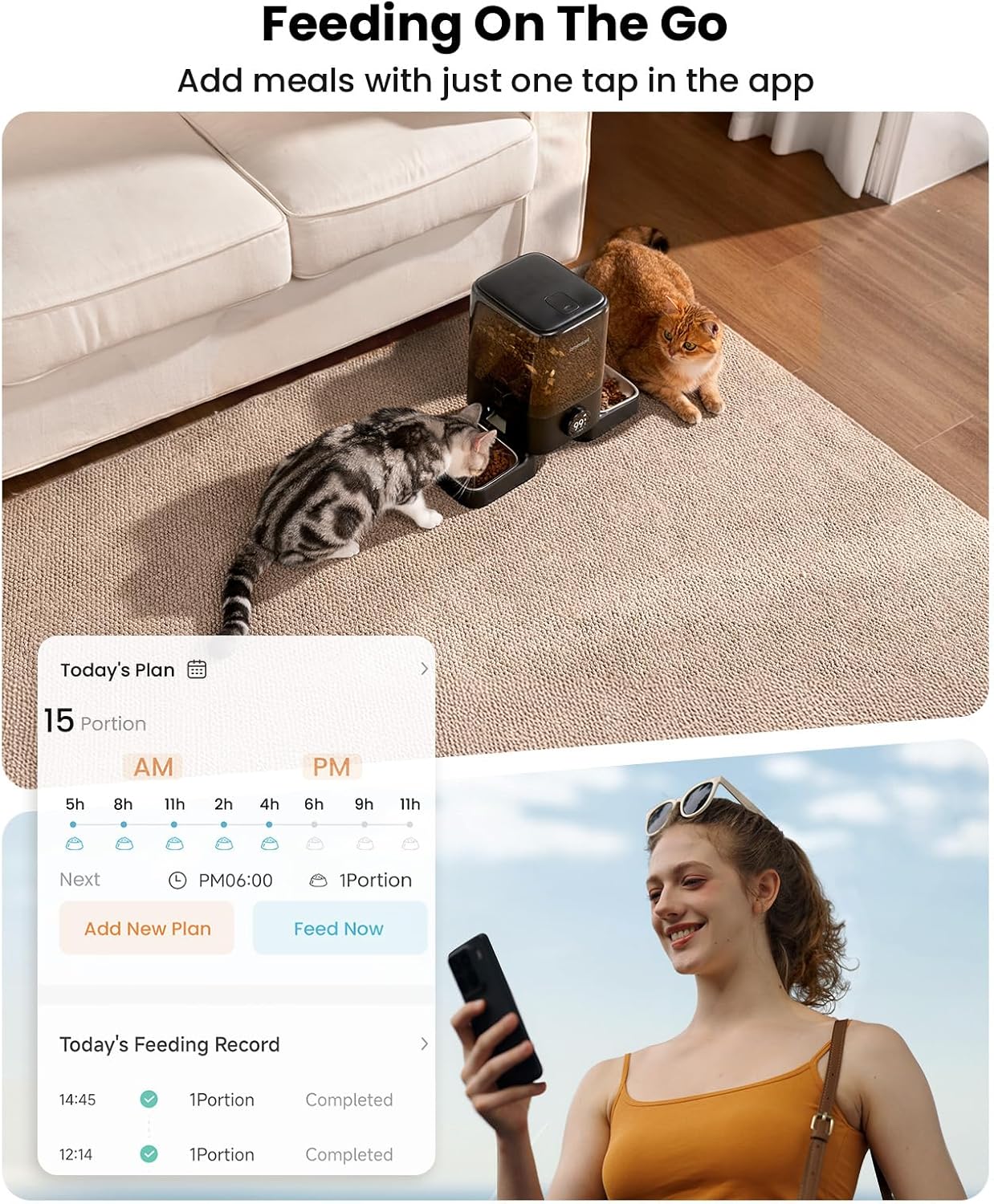 Cordless Wifi Automatic Cat Feeder for 2 Cats, Rechargeable 100-Day Battery Operated Auto Cat Feeder, 20 Cups/5L Timed Cats Food Dispenser Automatic for Large Kibble, Smart App Control