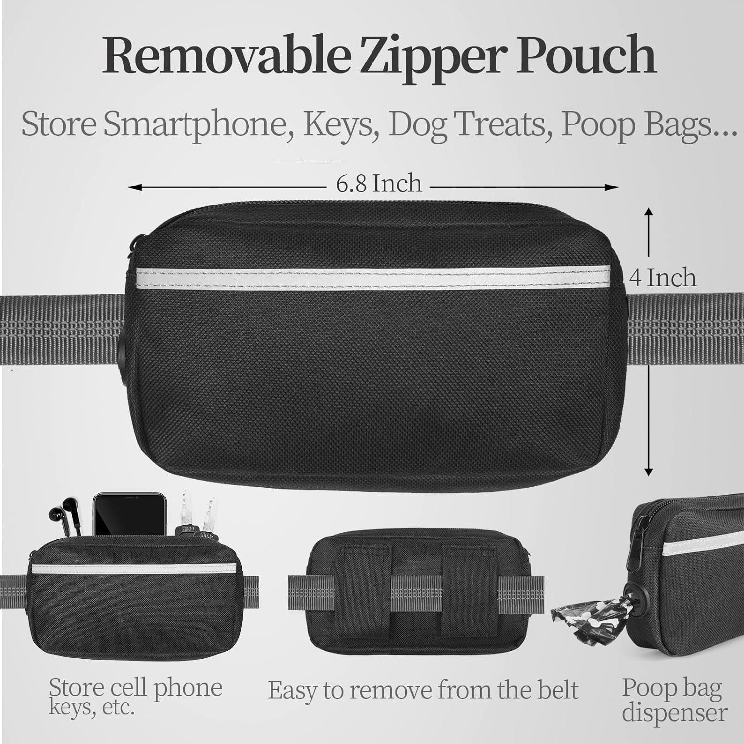Hands Free Dog Leash with Zipper Pouch, Dual Padded Handles and Durable Bungee for Walking, Jogging and Running Your Dog (Large, 25-120 Lbs, Grey)