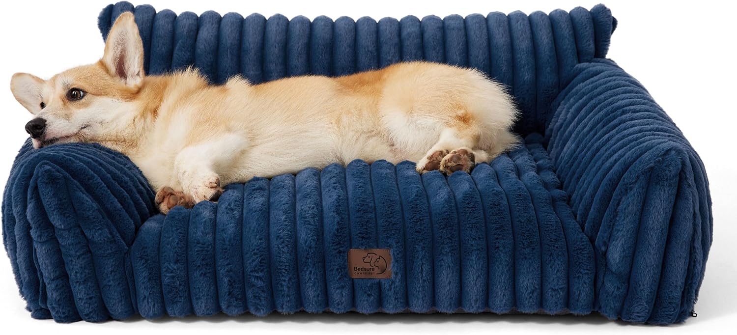 Cute Cat Couch for Pets - Fluffy Small Dog Sofa with Premium Soft Corduroy Fleece, Pet Sofa with Removable Washable Cover, Supportive Dog Couch Bed for Small Medium Dogs, 30Inch, Night Blue