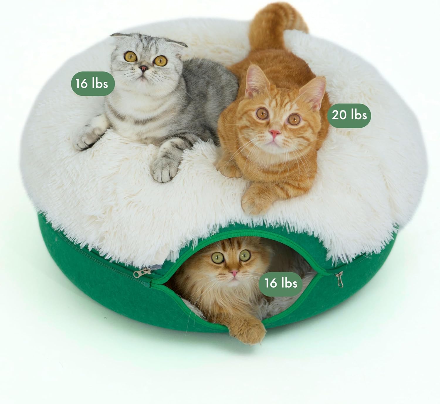 Peekaboo Cat Cave for Multiple & Large Cats up to 30-45 Lbs, Fluffy Cat Beds & Furniture, Scratch Detachable & Washable Tunnel Bed, Comfy Donut Bed (Forest Green, Large (Calming))
