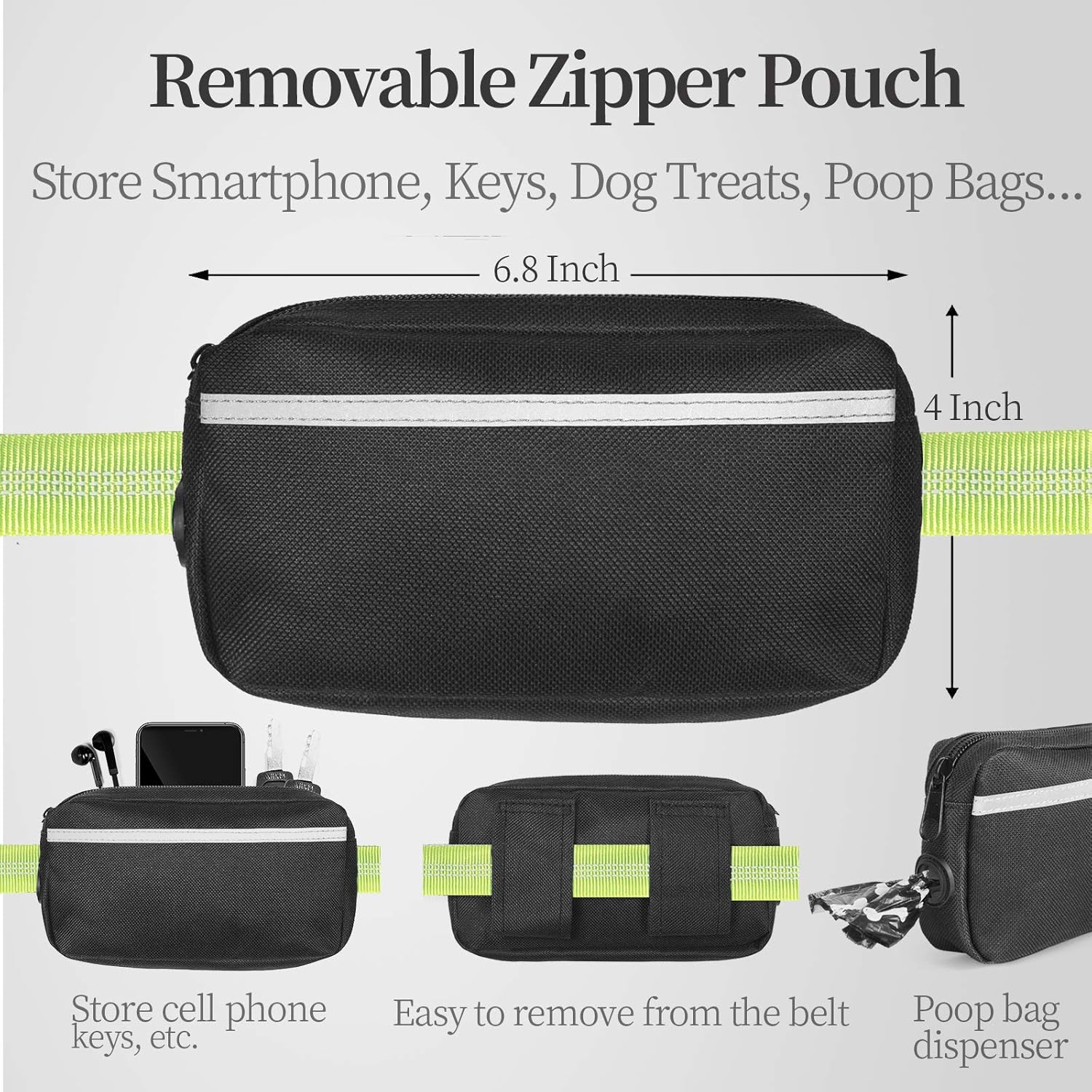 Hands Free Dog Leash with Zipper Pouch, Dual Padded Handles and Durable Bungee for Walking, Jogging and Running Your Dog (Large, 25-120 Lbs, Green)