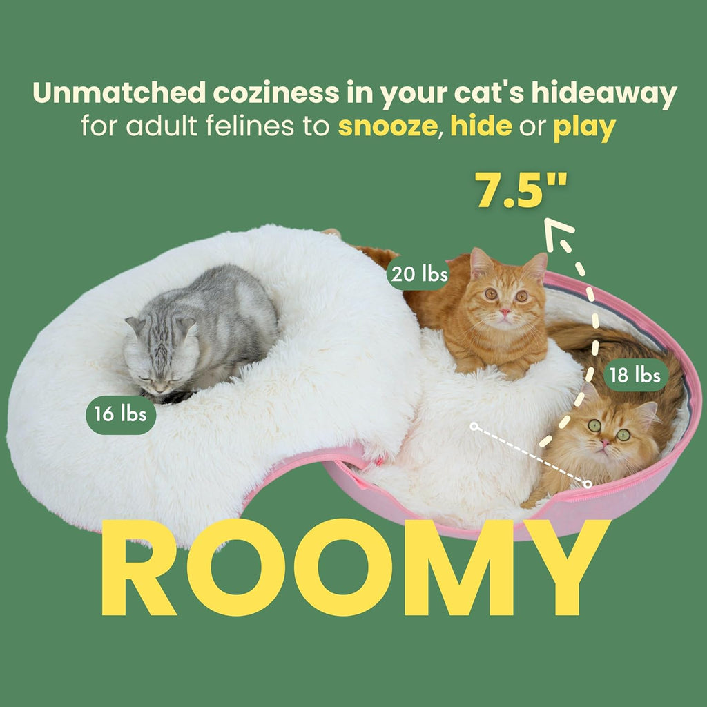 Peekaboo Cat Cave for Multiple & Large Cats up to 30-45 Lbs, Fluffy Cat Beds for Indoor Cats, Scratch Detachable & Washable Tunnel Bed, Comfy Donut Cave (Pink, Large (Calming))