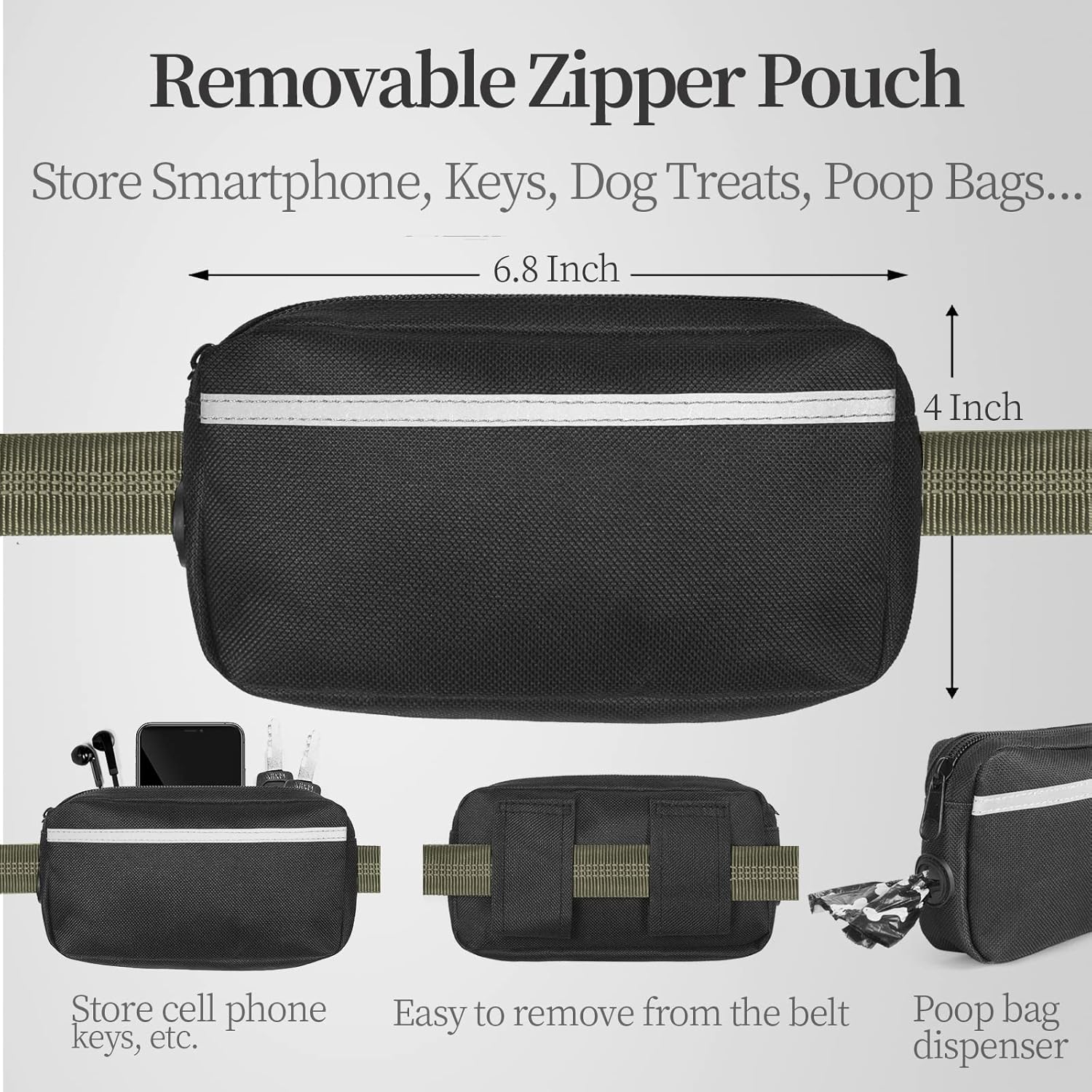 Hands Free Dog Leash with Zipper Pouch, Dual Padded Handles and Durable Bungee for Walking, Jogging and Running Your Dog (Large, 25-120 Lbs, Military Green)