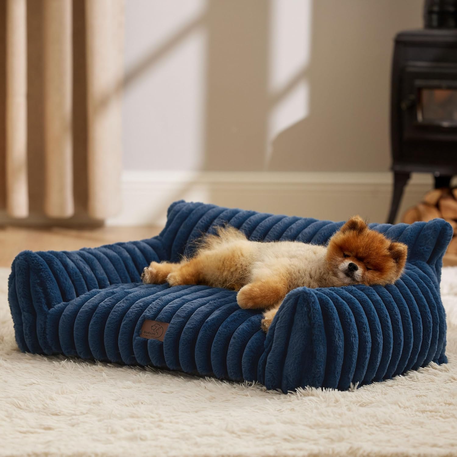 Cute Cat Couch for Pets - Fluffy Small Dog Sofa with Premium Soft Corduroy Fleece, Pet Sofa with Removable Washable Cover, Supportive Dog Couch Bed for Small Medium Dogs, 30Inch, Night Blue