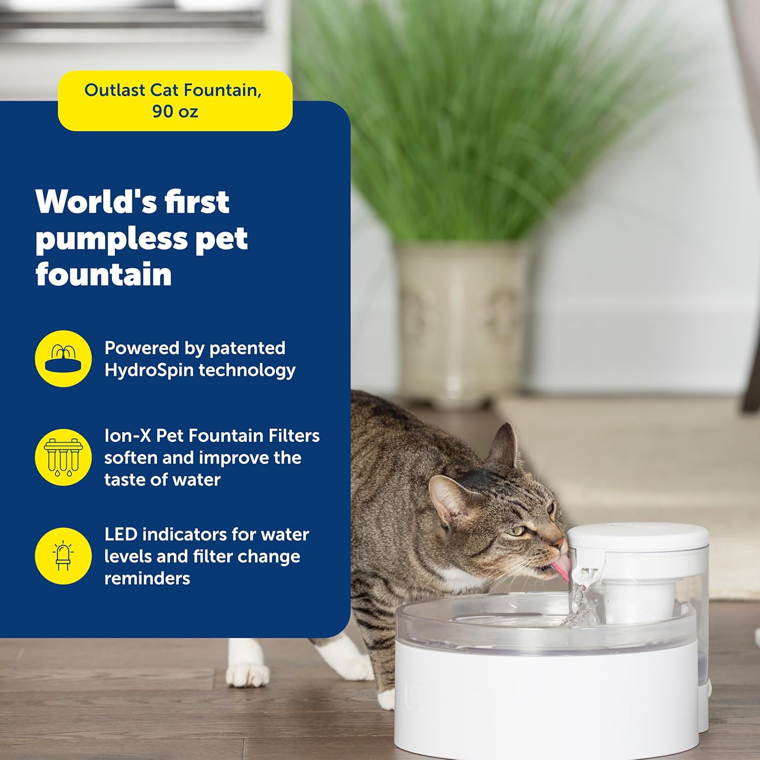 Outlast Cat Fountain - Pumpless Water Fountain - Hydrospin Continuous Water Flow - Dual Ion-X Filtration - Dishwasher Safe - Smart Sensor Fountain - 90 Oz