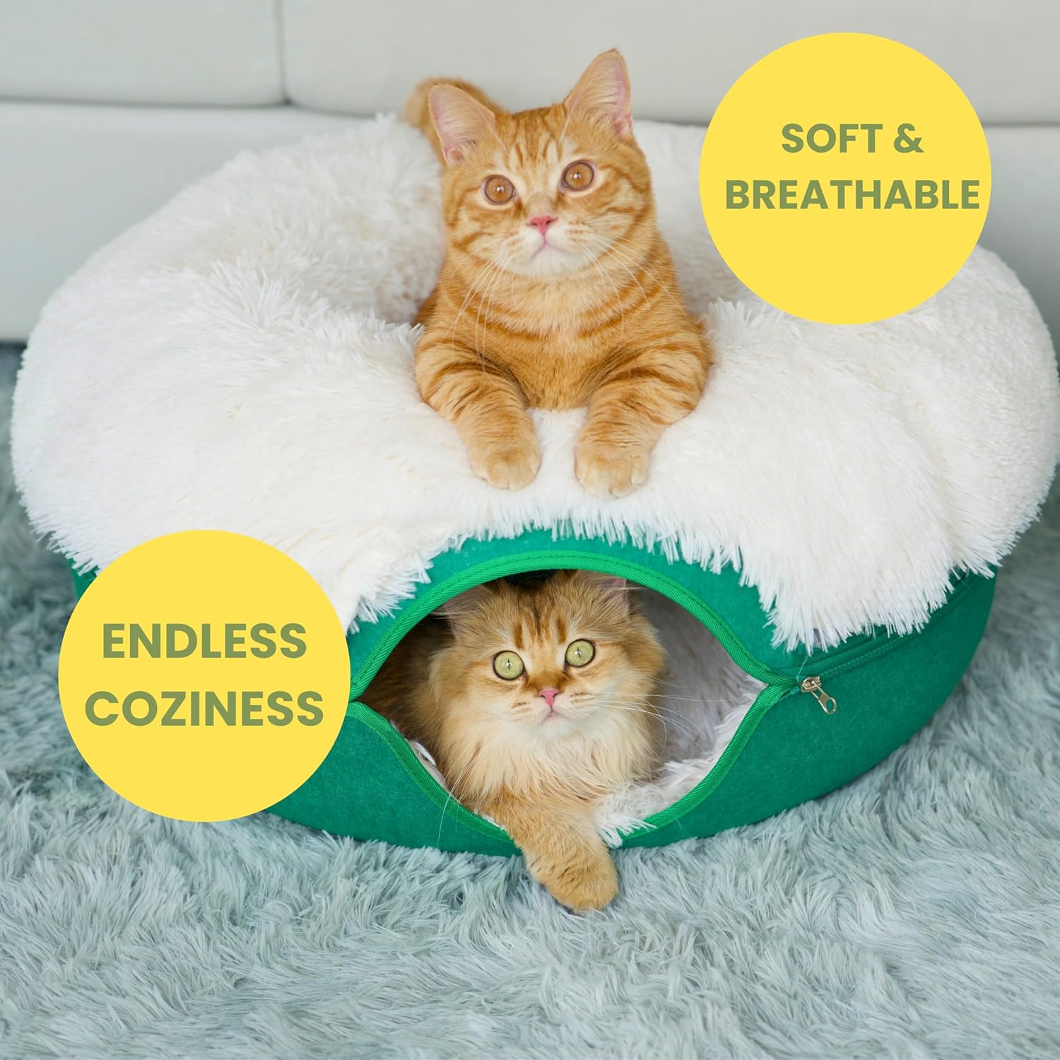 Peekaboo Cat Cave for Multiple & Large Cats up to 30-45 Lbs, Fluffy Cat Beds & Furniture, Scratch Detachable & Washable Tunnel Bed, Comfy Donut Bed (Forest Green, Large (Calming))