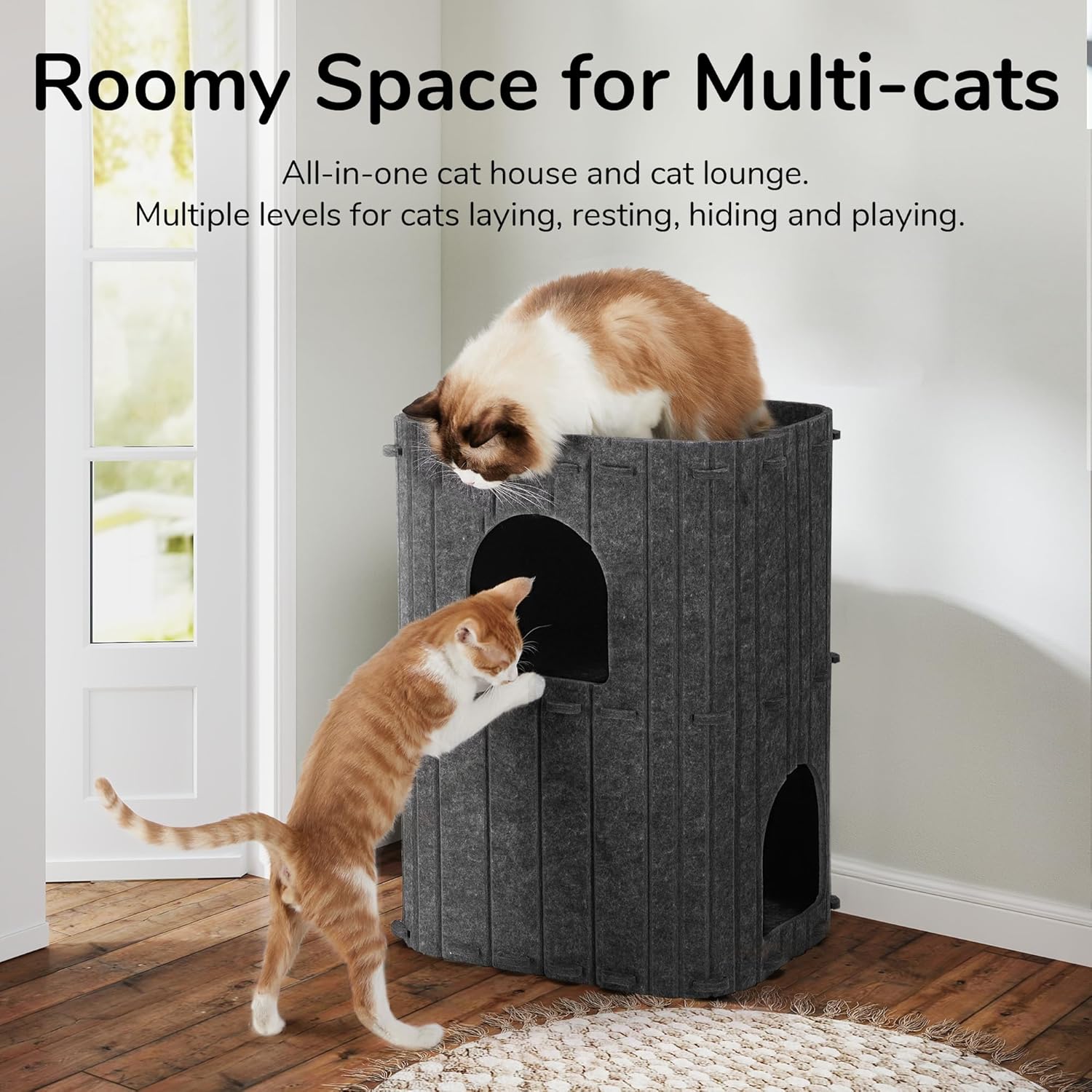 Cat House for Indoor Cats, 2-Storey Large Cat Bed Cave, Cozy Felt Covered Cats Tunnel Condo Hideaway for Multicats, 17.72X14.37X23.62 Inches, Dark Grey