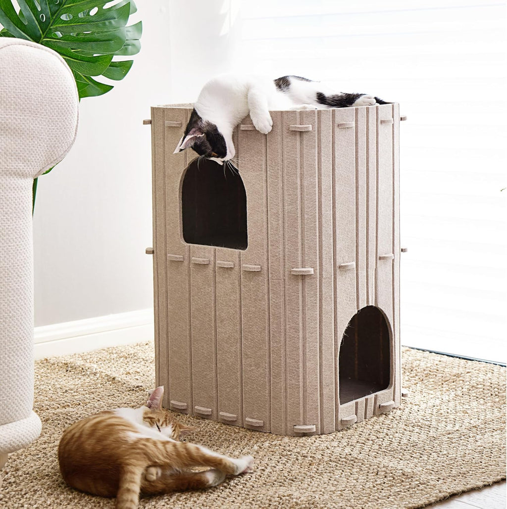 Cat House for Indoor Cats, 2-Storey Large Cat Bed Cave, Cozy Felt Covered Cats Tunnel Condo Hideaway for Multicats, 17.72X14.37X23.62 Inches, Beige