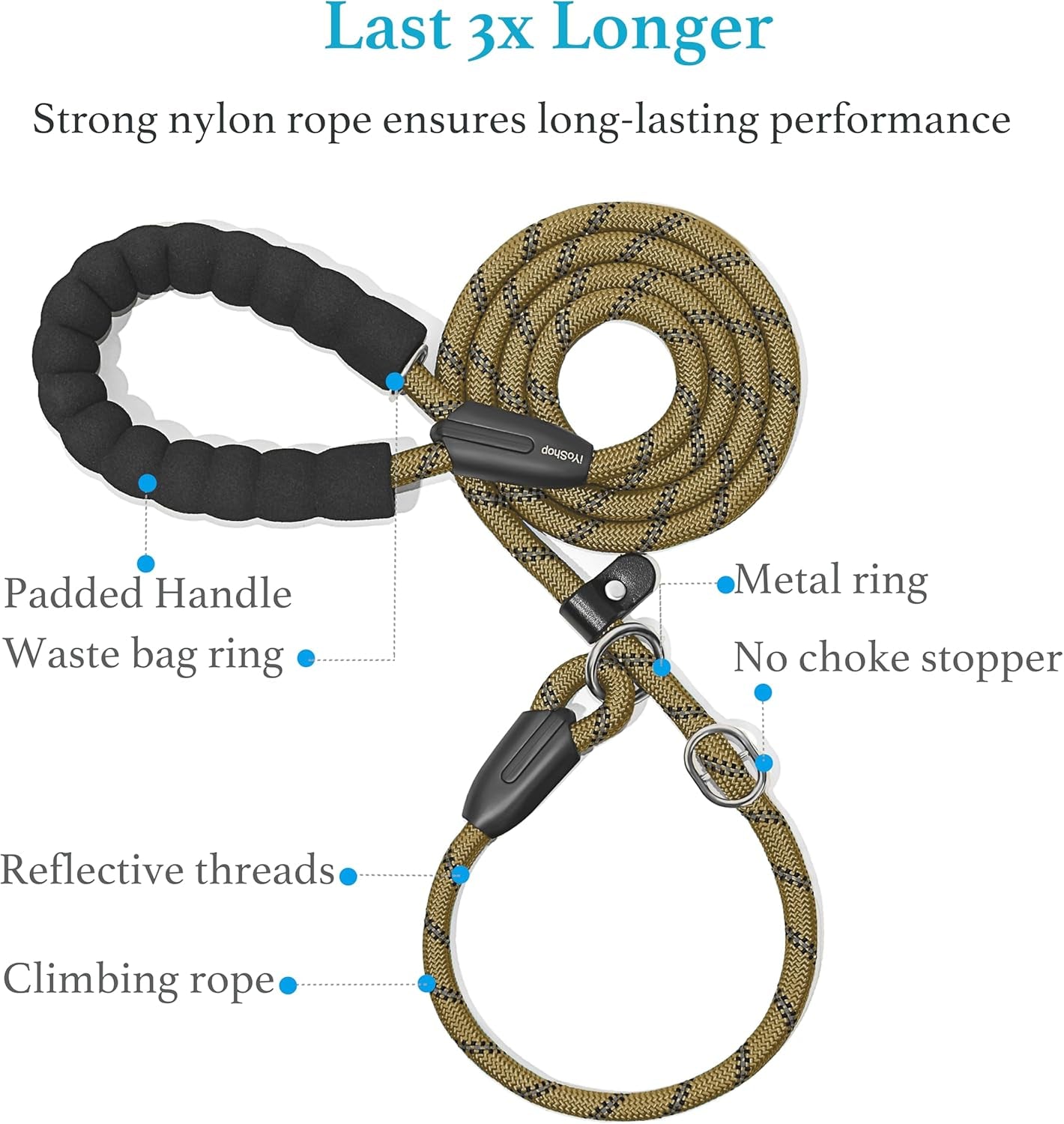 Durable Slip Lead Dog Leash with Padded Handle and Highly Reflective Threads, No Pull Dog Training Leash, (1/2" X 6 FT, Khaki)