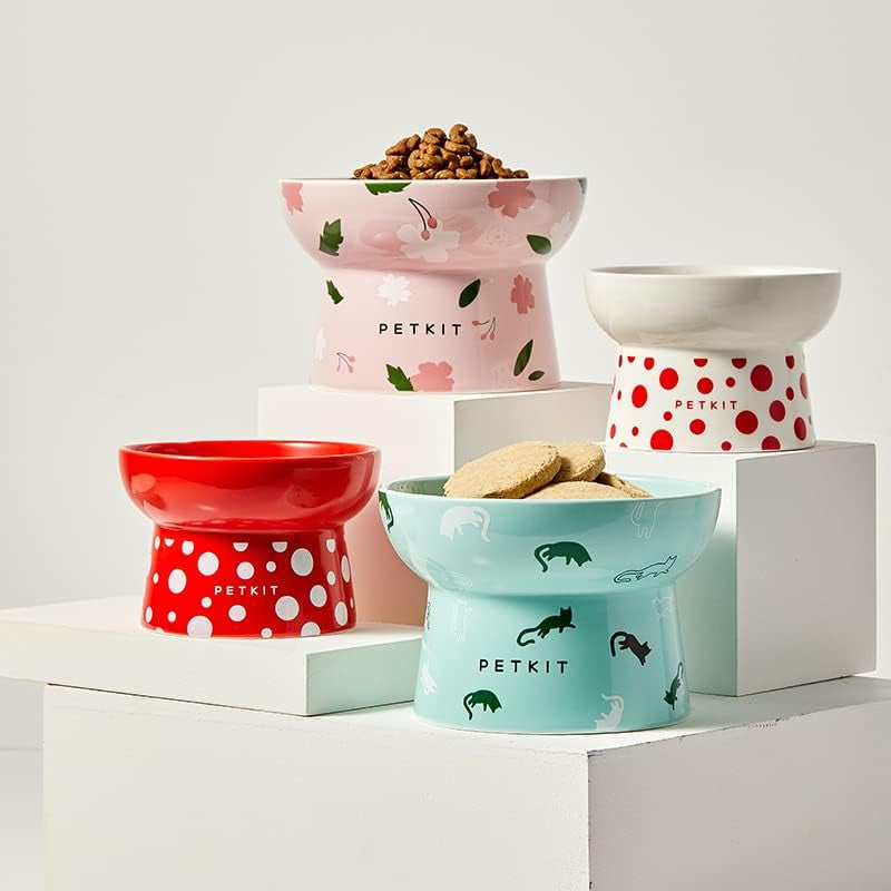 Ceramic Raised Cat Bowls, Tilted Elevated Food Water Bowl Fr Puppy Kitten, Stress Free, Backflow Prevention, Dishwasher and Microwave Safe, Lead & Cadmium Free