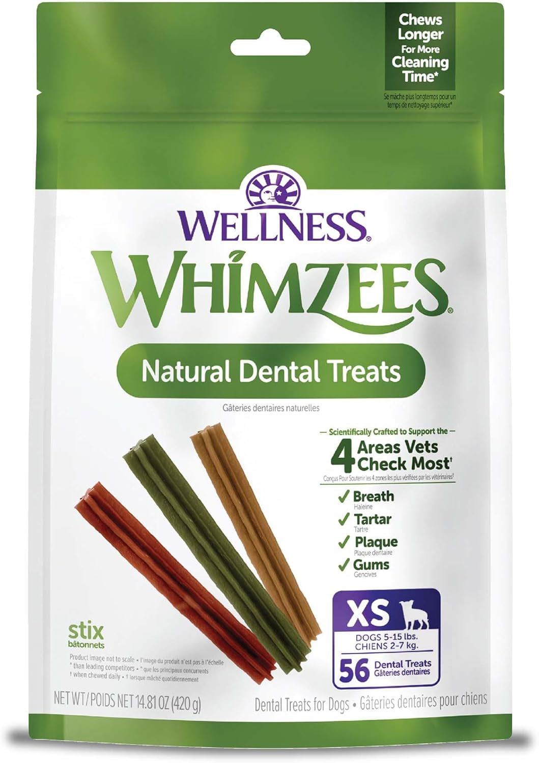 Wellness Stix Dog Dental Treats, Natural Chews, Extra Small Size Stick, (56 Count)