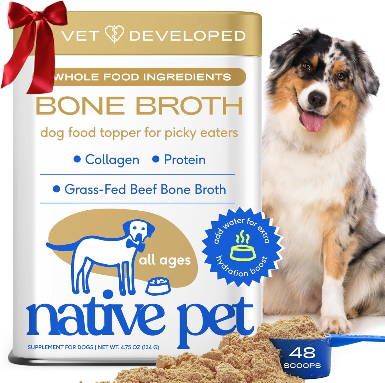 Bone Broth for Dogs - Made with Real Beef Bone Broth, Dog Food Toppers for Picky Eaters - Provides Extra Hydration & Nutrition for Joint Strength, Immunity & Heart Health-48 Scoops