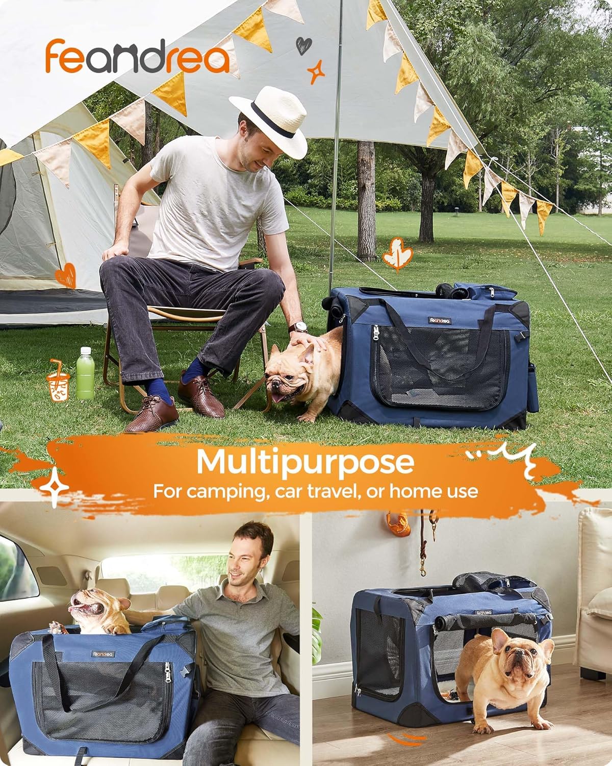 24 Inches Collapsible Soft Dog Crate, Portable Travel Dog Crate for Indoor and Outdoor Use, Dog Carrier Kennel with Safety Zippers, for Living Room, Car, Travelling, Campin, Dark Blue UPDC60Z