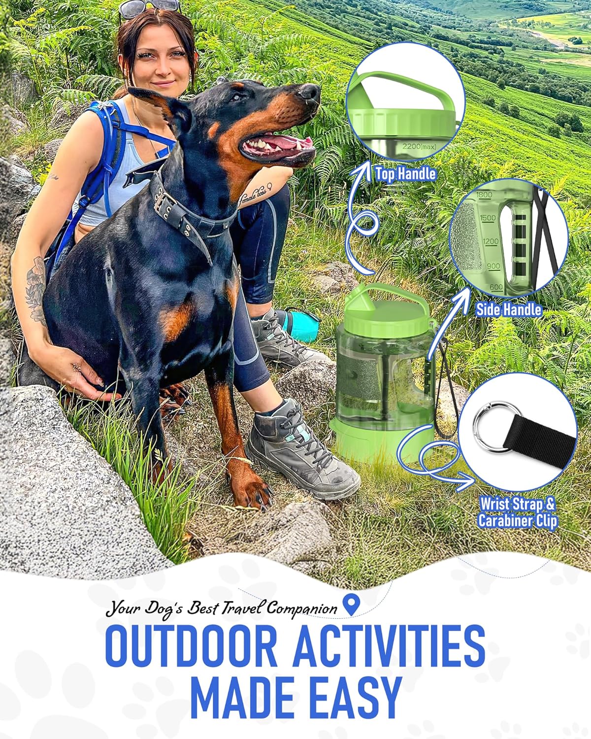 Portable Dog Travel Water Bottle, 77Oz Large Portable Dog Water Bowl Dispenser, Leakproof Pet Drinking Bottle Dispenser for Hiking Camping Walking Travelling Beach Car Trips, No Spill, BPA Free,Green