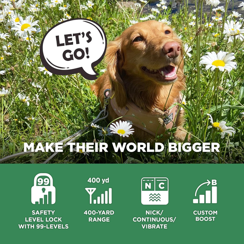 CUE Gen 2 Tan – Customizable E-Collar for Dogs Training Collar with Remote – Easy, Safe, Beginner-Friendly Design – 99 Levels, Vibration, Boost, Waterproof, Rechargeable, 400-Yard Range