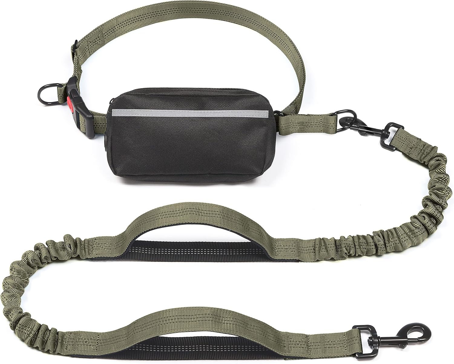 Hands Free Dog Leash with Zipper Pouch, Dual Padded Handles and Durable Bungee for Walking, Jogging and Running Your Dog (Large, 25-120 Lbs, Military Green)