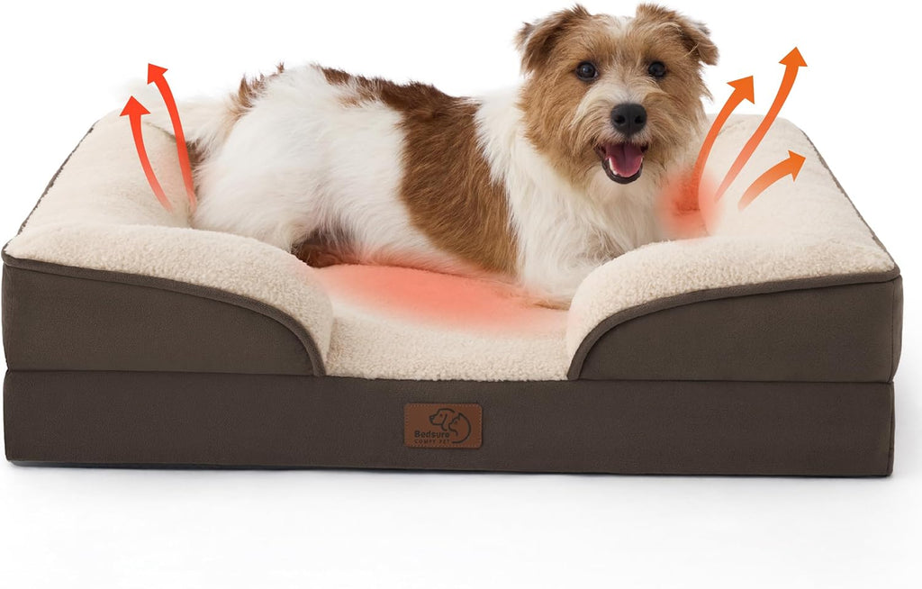 Self Warming Orthopedic Dog Bed Medium Size Dogs - Washable Medium Dog Bed Waterproof, Comfort Pet Couch with Removable Cover, Pets Sofa with Nonskid Bottom, Brown, Non-Electric
