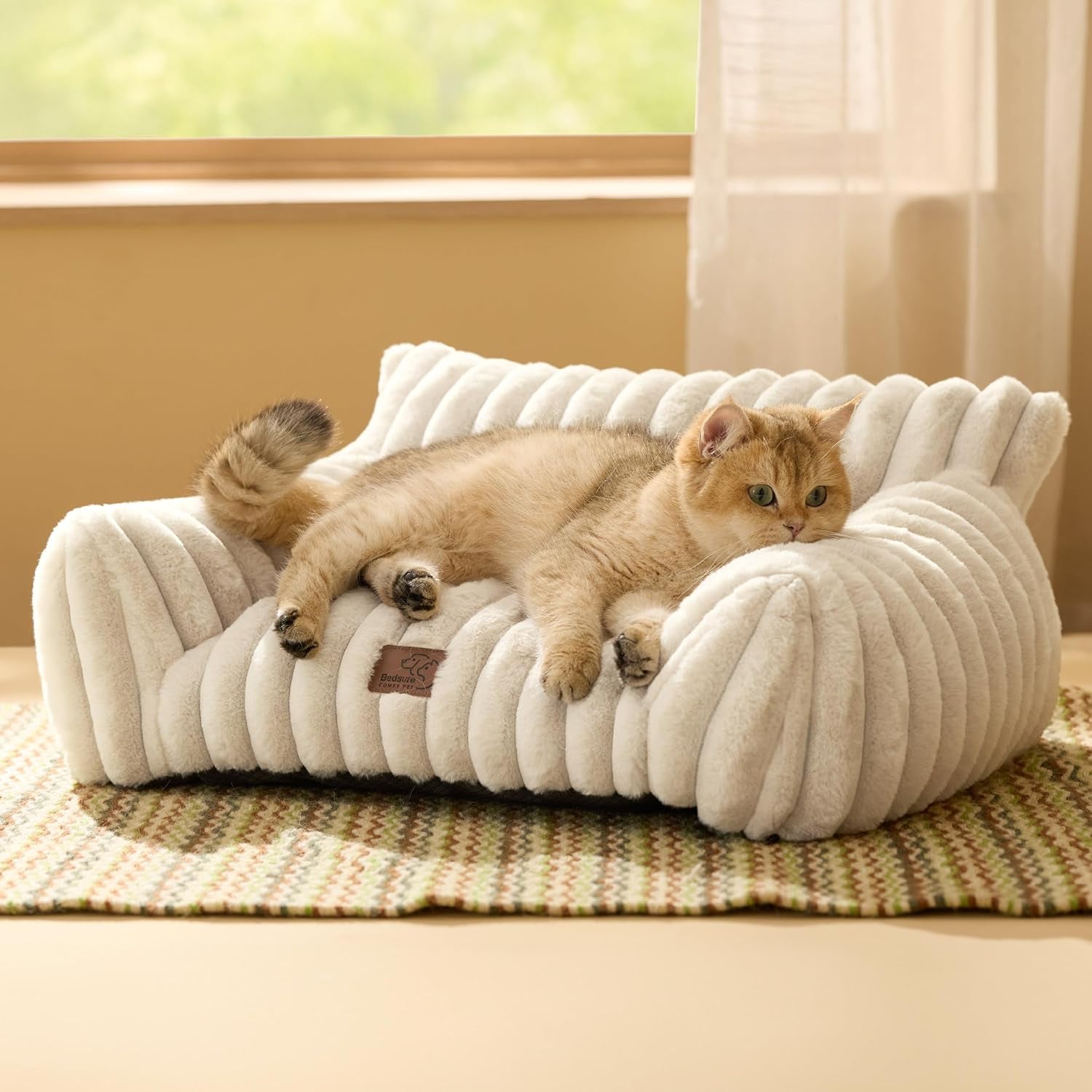 Cute Cat Couch for Pets - Fluffy Cat Beds with Premium Soft Corduroy Fleece, Fuzzy Cats Beds for Indoor Cats with Removable Washable Cover, Supportive Pet Sofa, 24Inch, Cream