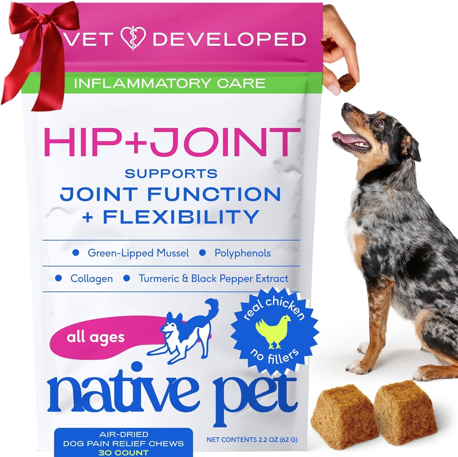 Pain Relief for Dogs - Collagen for Dogs Promotes Joint Health, Reduce Inflammation & Stiffness - Senior Pup Joint Supplement - Natural Pain Reliever for Active & Aging Pets - 30 Chews