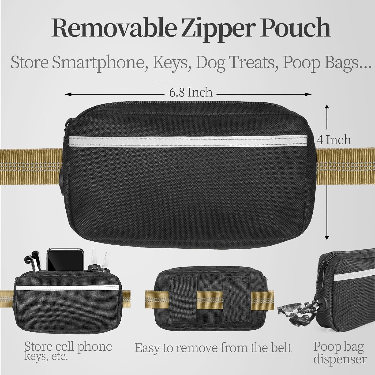 Hands Free Dog Leash with Zipper Pouch, Dual Padded Handles and Durable Bungee for Walking, Jogging and Running Your Dog (Large, 25-120 Lbs, Khaki)