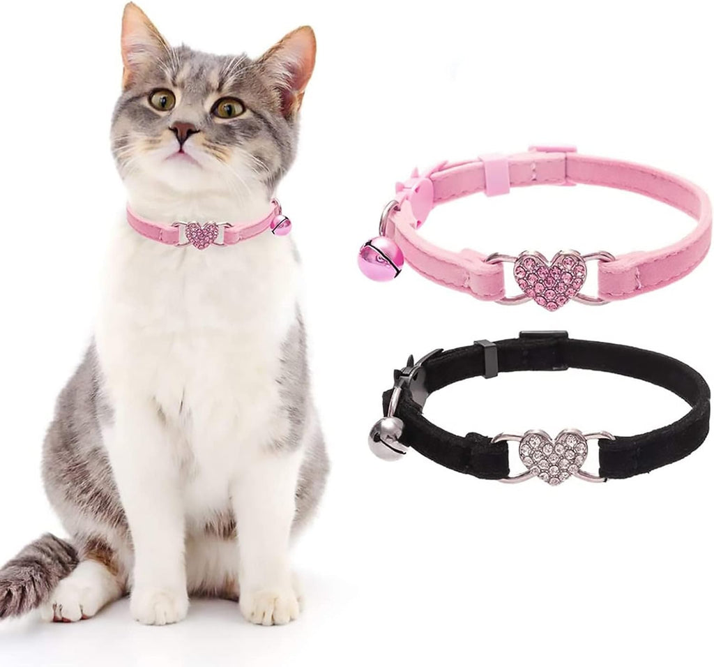 Cat Collar Breakaway with Bell, Pack of 2 Heart Bling Collar Safety with Soft Velvet Adjustable for Kittens