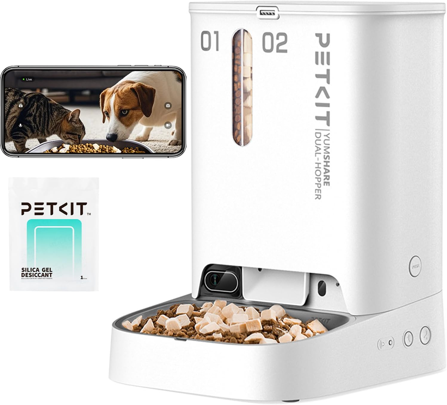 Automatic Cat Dog Feeder with Camera, Ai-Powered Motion Capturing, 1080P HD Video with Night Vision, 2.4G Wifi Pet Feeder with 2-Way Audio, Dual Hopper Pet Food Dispenser with Desiccant