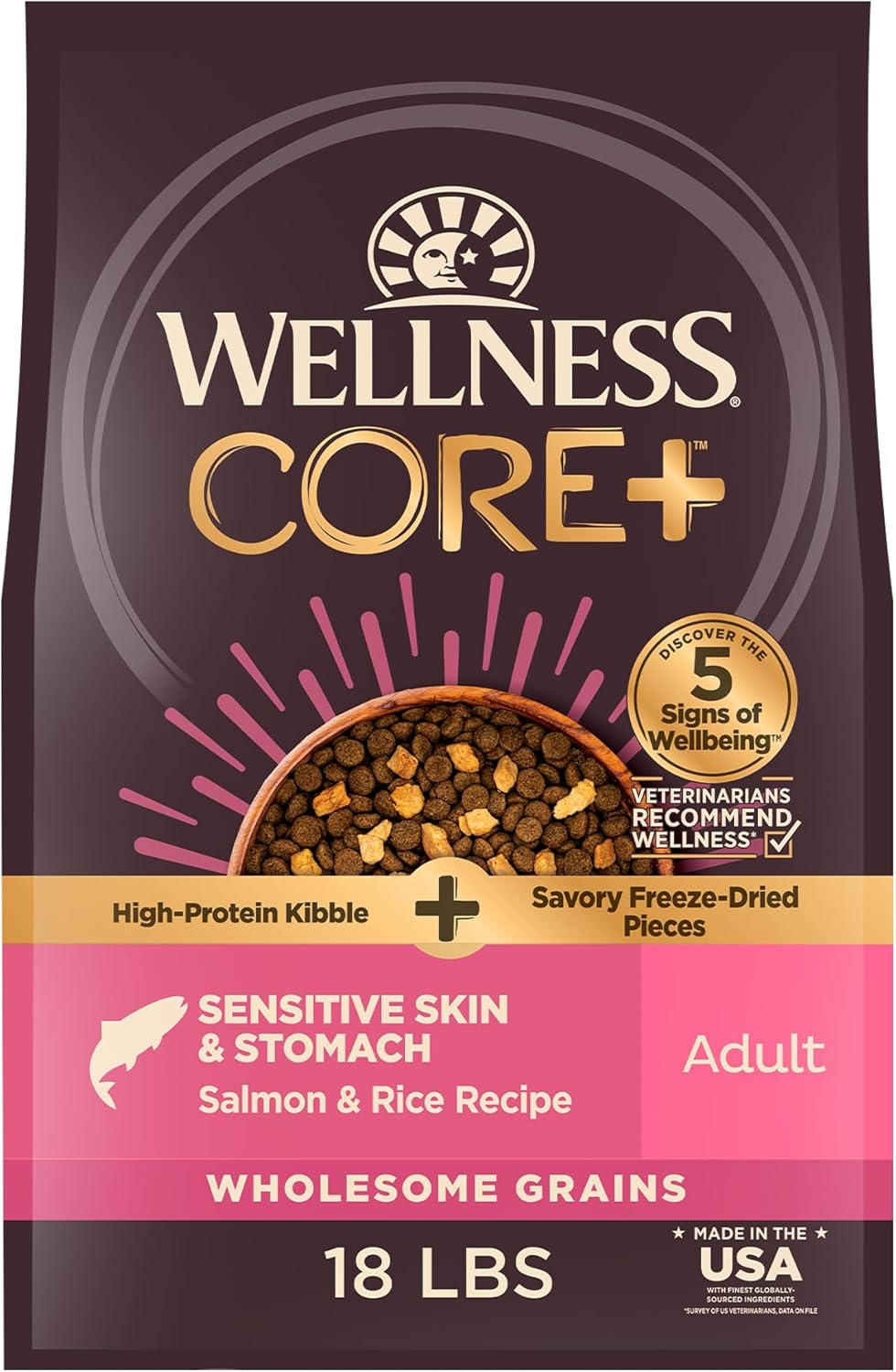 CORE+ Sensitive Skin & Stomach Dry Dog Food with Freeze Dried Pieces, Wholesome Grains, High Protein, Natural, Salmon & Rice Recipe, (18-Pound Bag)