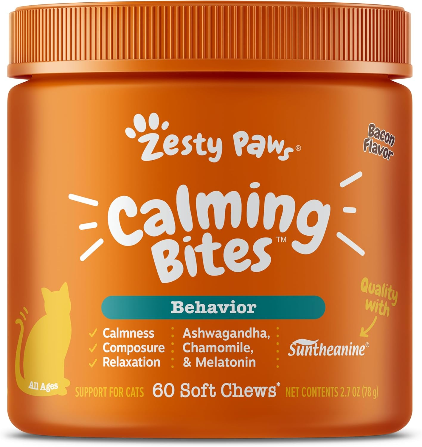Calming Chews for Cats - Composure & Relaxation for Everyday Stress & Separation - with Ashwagandha, Organic Chamomile, L-Theanine & L-Tryptophan – Bacon - 60 Count - Cat