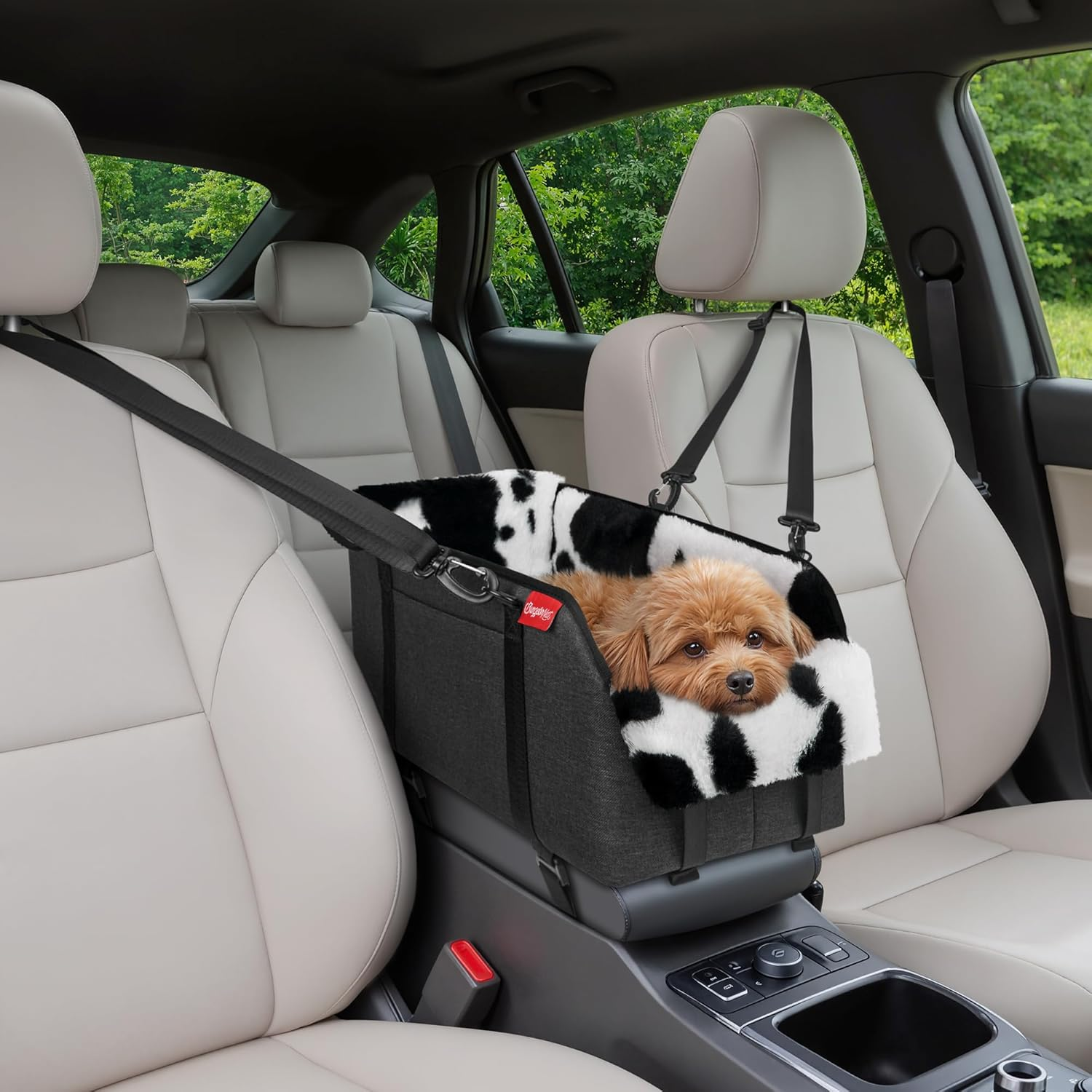 Center Console Small Dog Car Seat - Portable Pet Cat Puppy Booster Armrest Carseat up to 11Lbs, Anti-Collapse Comfort Car Travel with Washable Fluffy Cushion and Pillow, Milk Cow