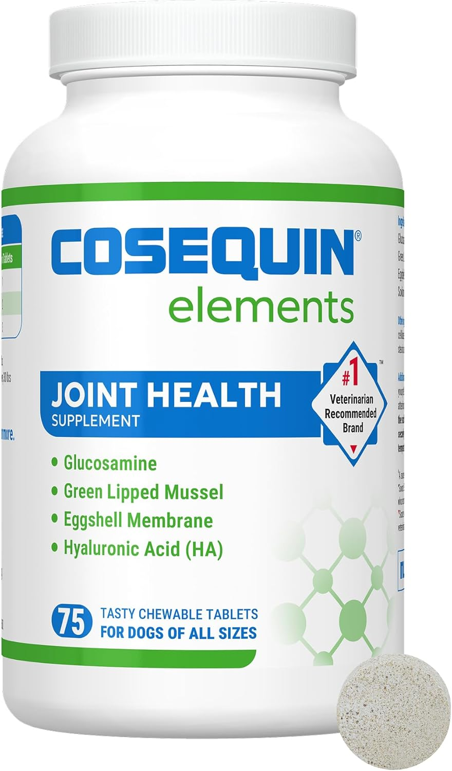 Cosequin Elements Dog Joint Health Supplement with Glucosamine, Green Lipped Mussel, Omega-3S, Eggshell Membrane, Hyaluronic Acid, & Postbiotics, 75 Tasty Chewable Tablets for Dogs