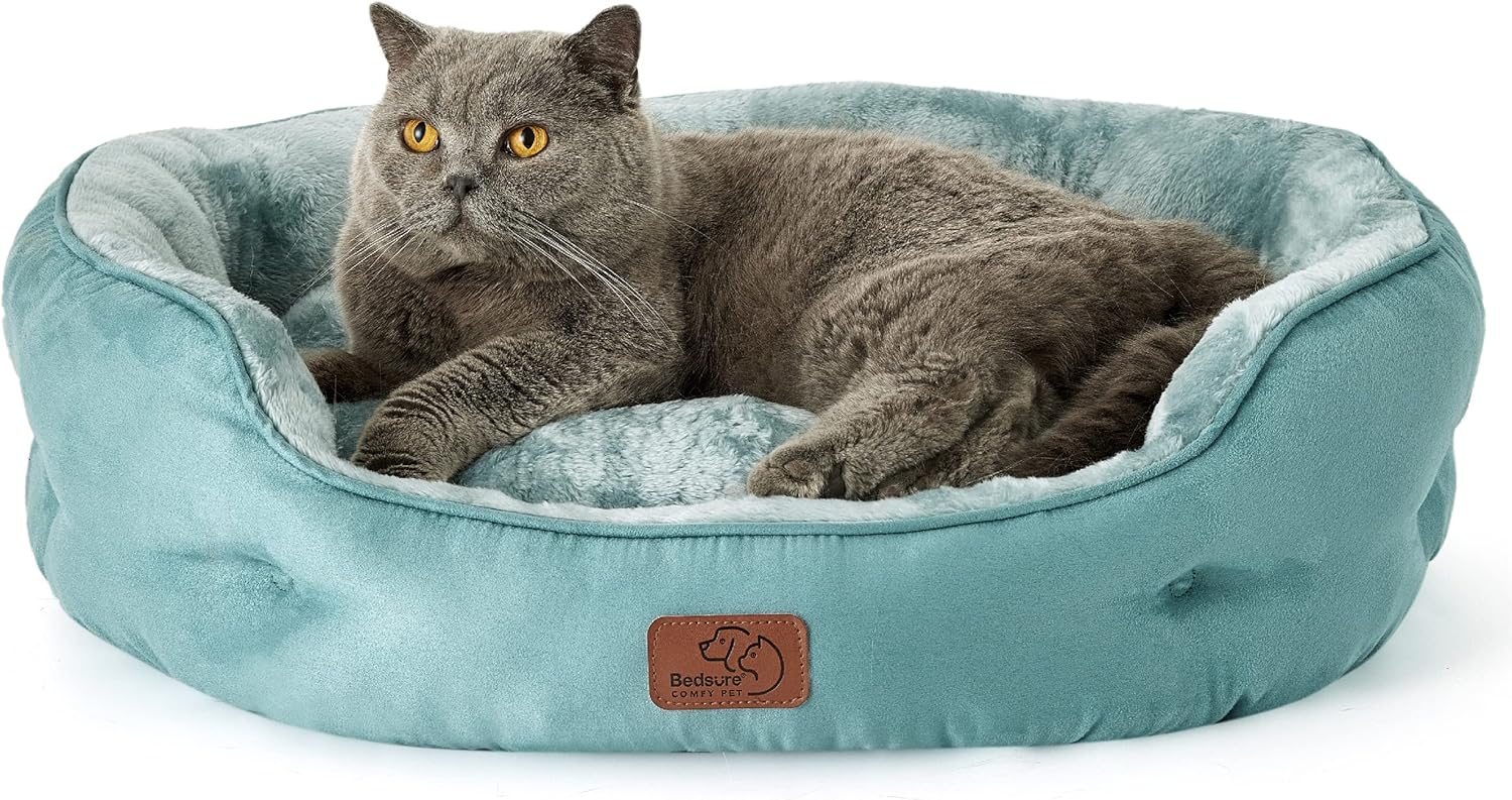Dog Beds for Small Dogs - round Cat Beds for Indoor Cats, Washable Pet Bed for Puppy and Kitten with Slip-Resistant Bottom, 20 Inches, Washed Blue