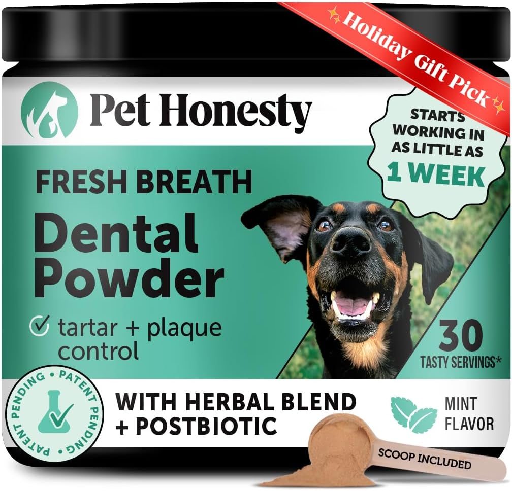 Dog Breath Freshener Dental Powder for Teeth Cleaning Plaque Off, Dental Care for Dogs, Tartar Remover for Teeth with Natural Herbal Blend + Postbiotics (Mint - 30 Servings)