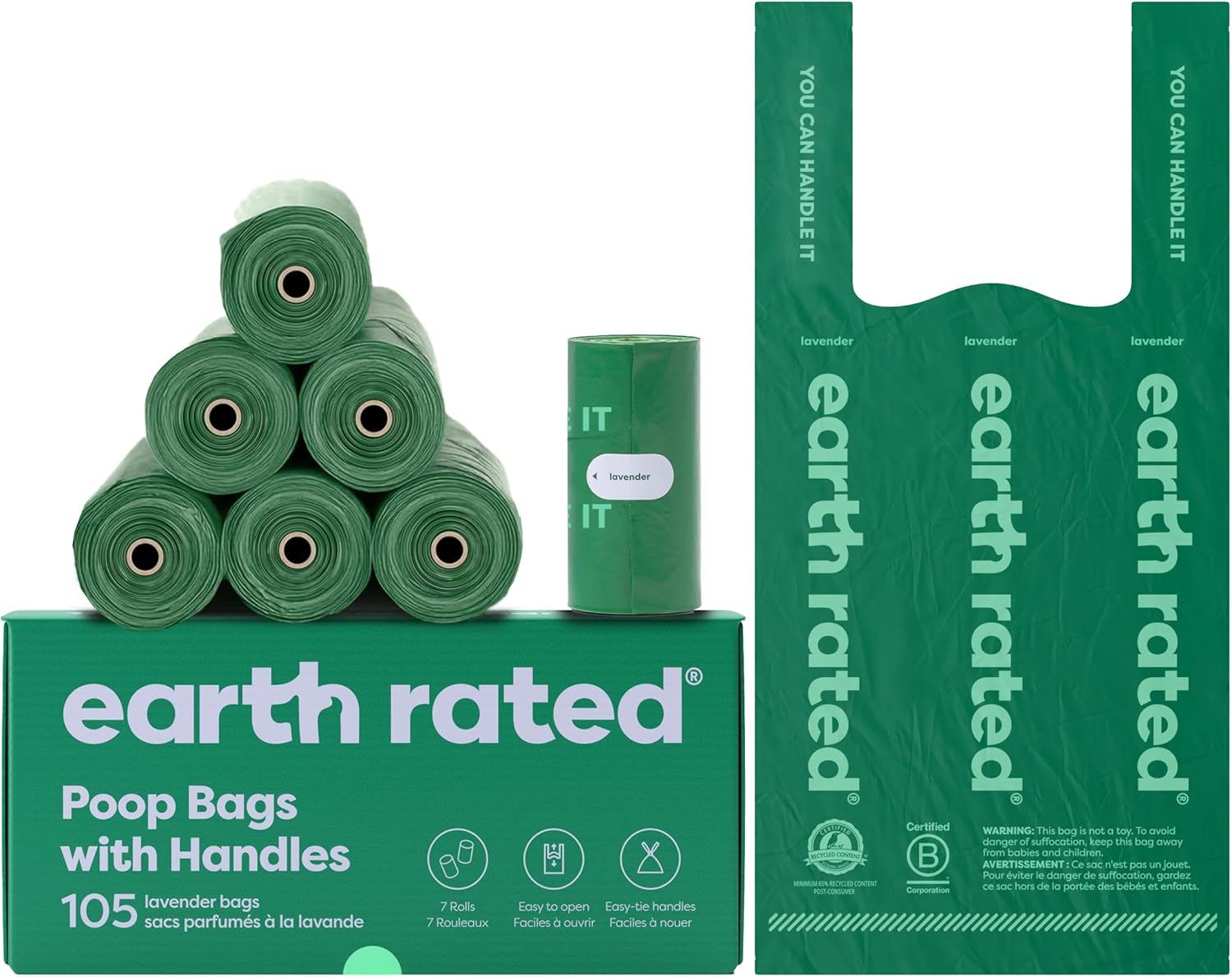 Dog Poop Bags with Handles on Refill Rolls, Easy-Tie on a Compact Roll, Extra Wide Opening, Guaranteed Leak-Proof, Unscented, 105 on Rolls